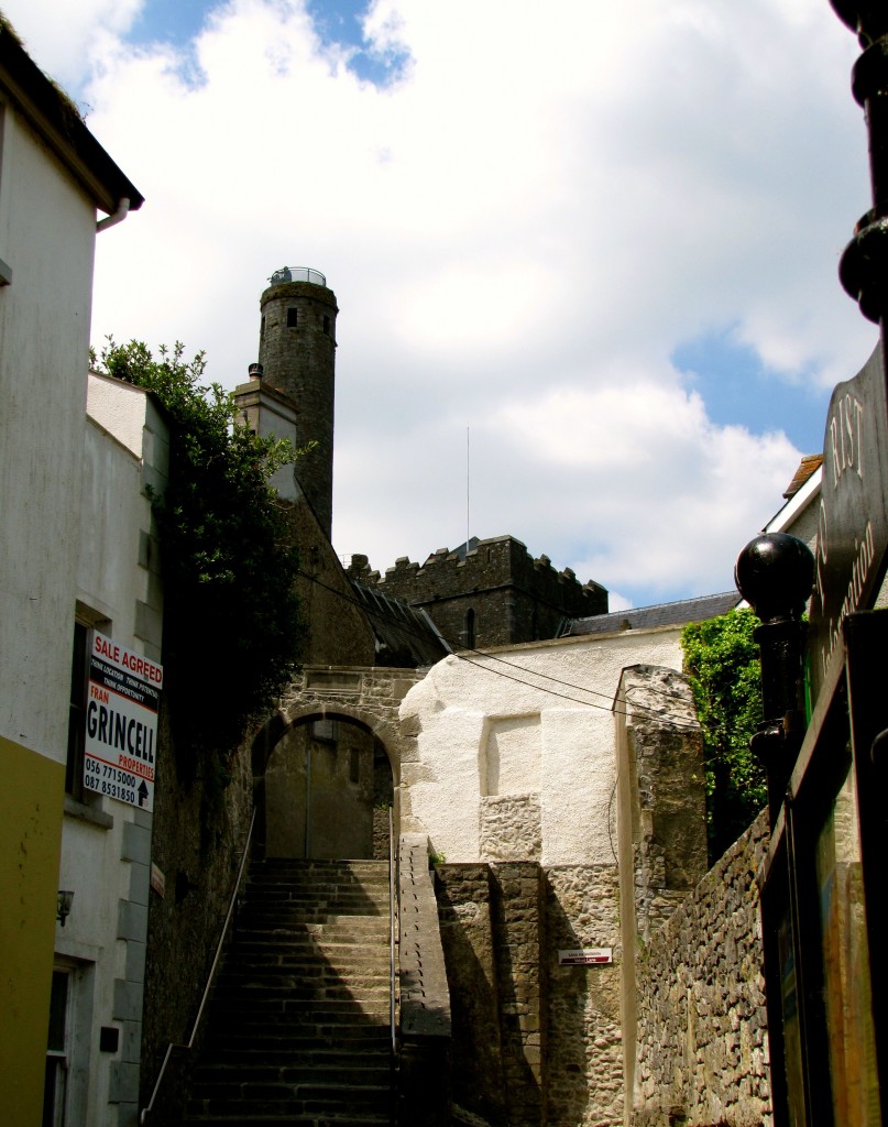 My first view of St. Canice's Cathedral, looking up the twisty lane and stairs at the end of High Street.